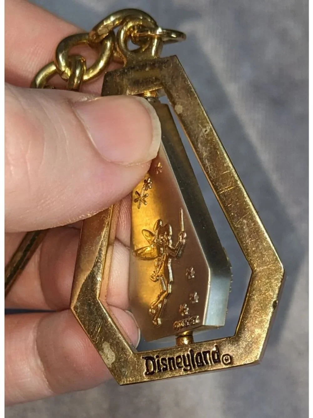 Y2K Disney Disneyland Tinker Bell Spinning Castle Gold Tone Keychain